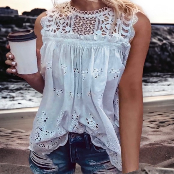 New White Eyelet Lace Tank Blouse Layering Summer Top Western Boho Beach - Picture 2 of 8